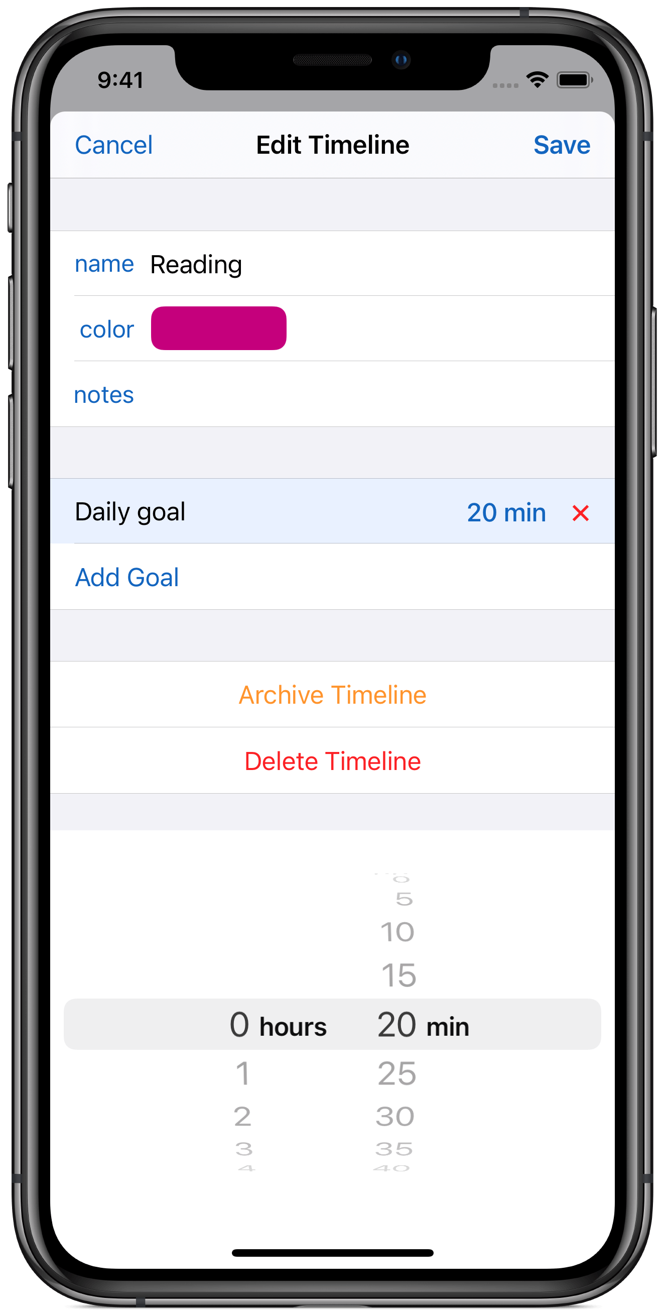 Timelines setting daily goal