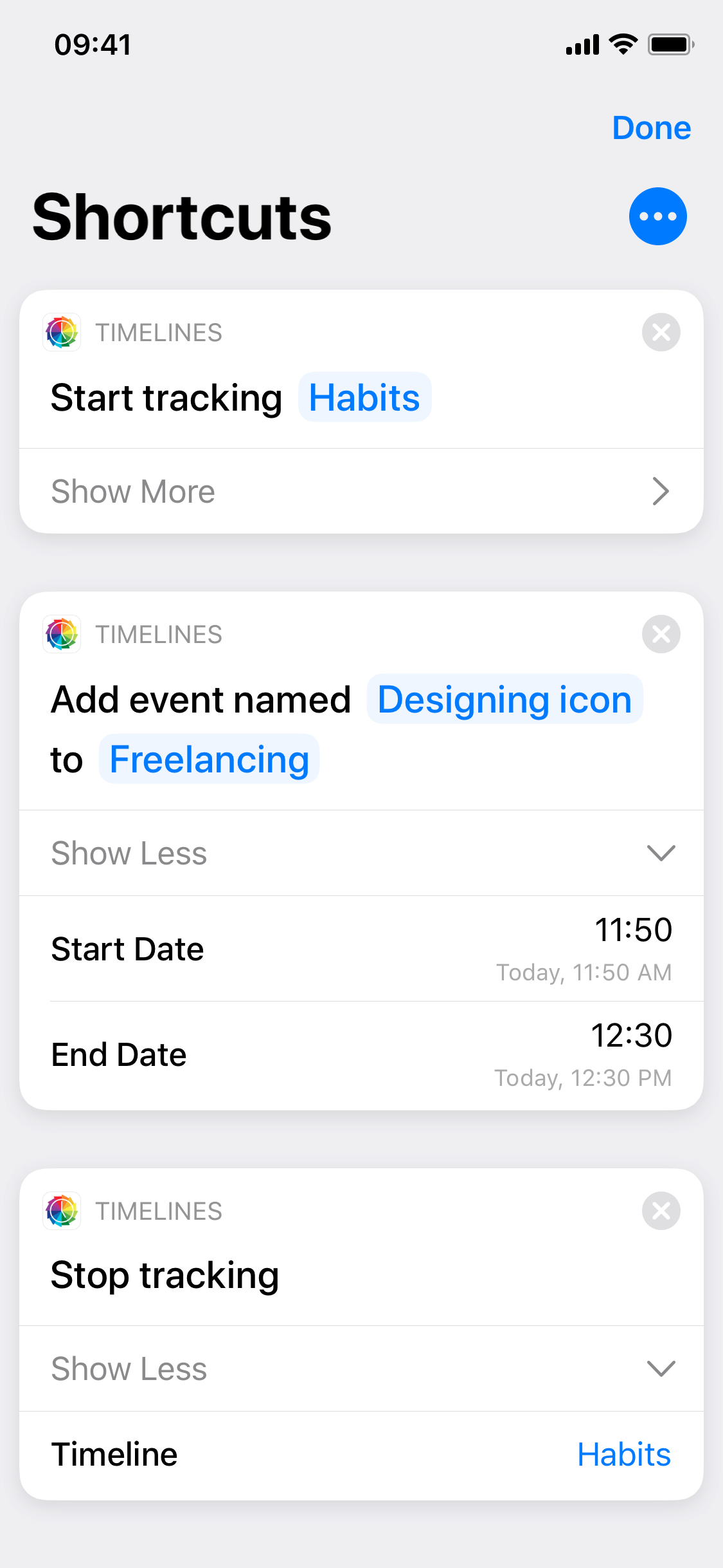 Timelines Siri Shortcuts with parameters