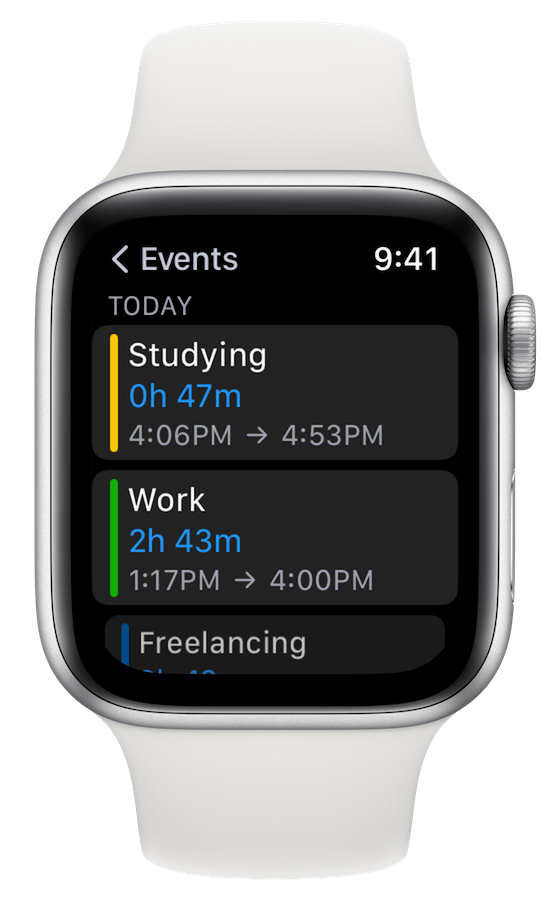 Timelines Apple Watch Events Log screen